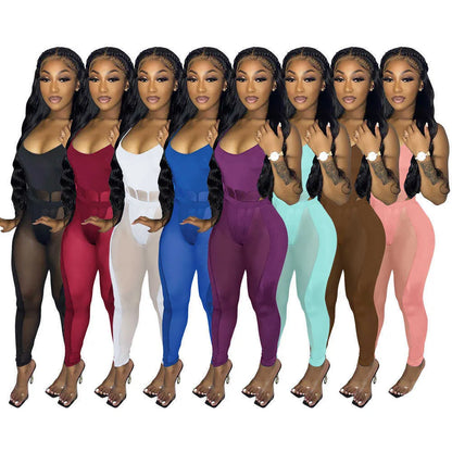 Women's Dress Mesh Splice Sling Sexy Hollow out Nightclub Perspective Two Piece Set clubwear jumpsuits rompers