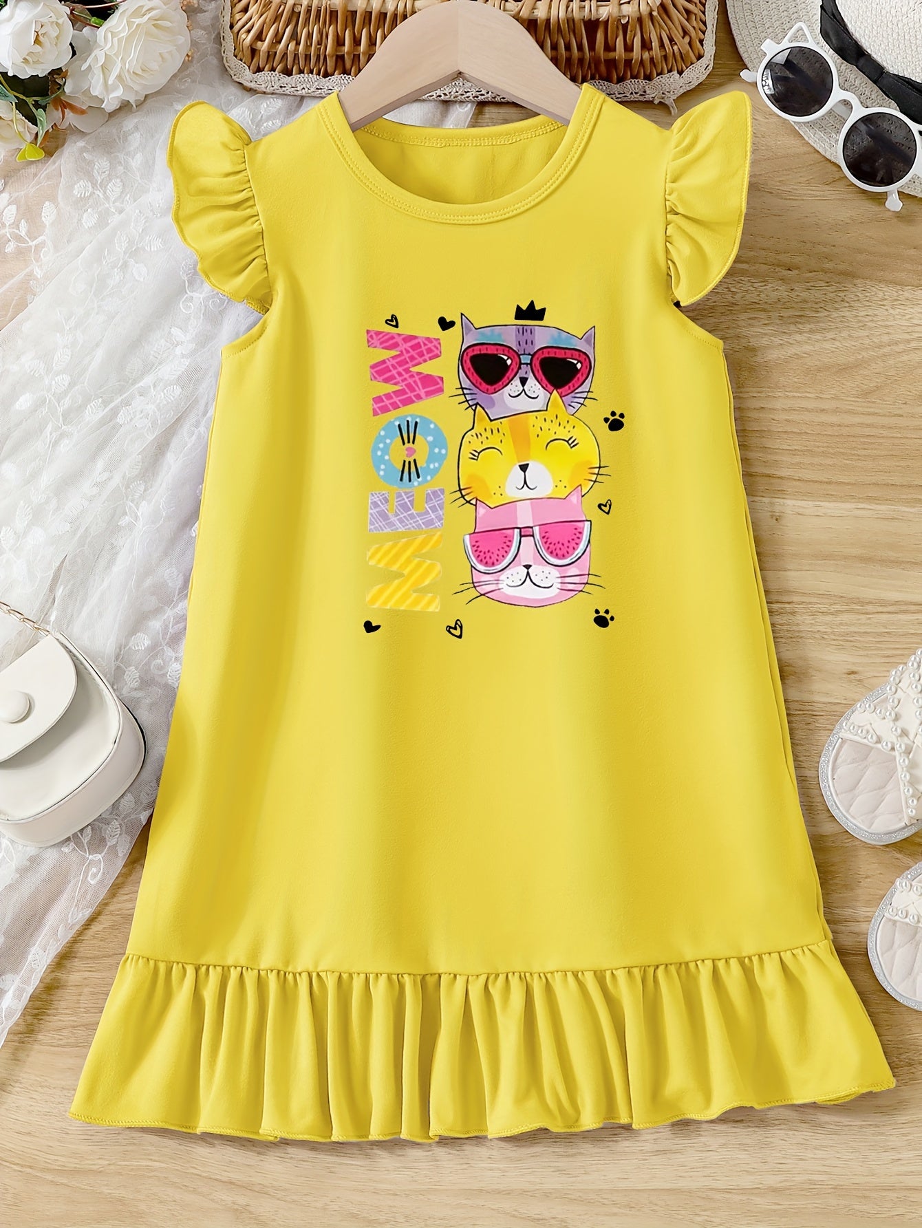 Casual Cartoon Cat Ruffle Trim Crew Neck Dress for Girls - Vibrant Graphic Print, Flying Sleeve, Trendy Summer Outfit - Fun and Playful Design for Little Fashionistas