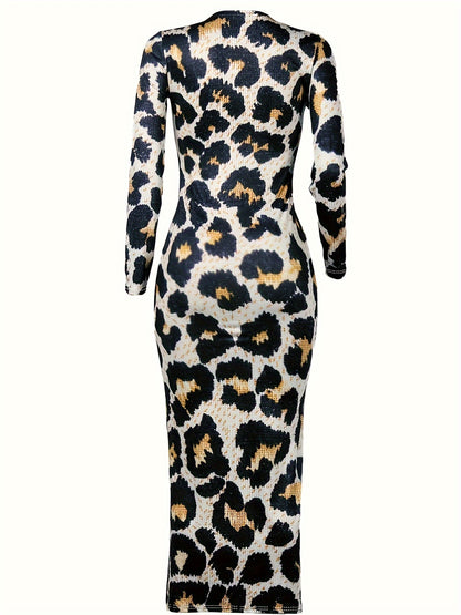 Leopard Print Chic Bodycon Dress - Comfortable Long Sleeve Crew Neck - Flattering Form-Fitting Style - Ideal for Casual Everyday Wear - Womens Fashion