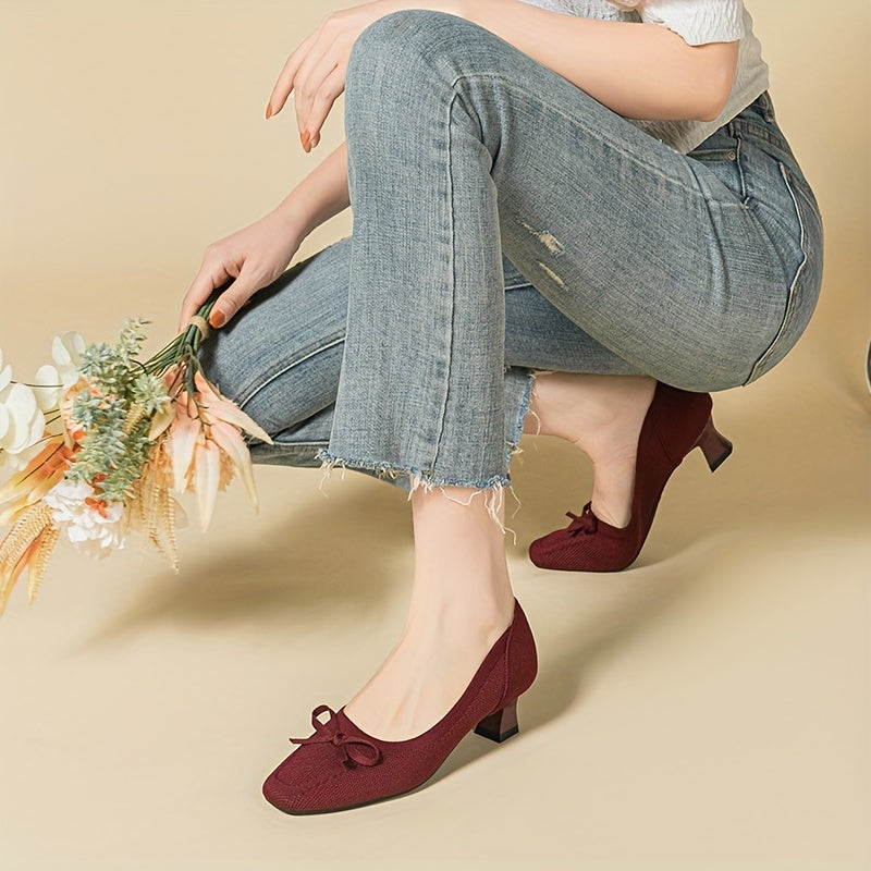 Chic Women's Bowknot Block Heels - Comfort Mid Heel, Square Toe, All-Season Elegance & Versatility