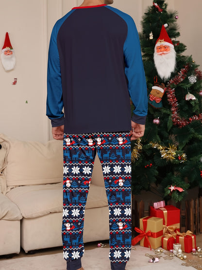 Men's Trendy Casual Christmas Pajamas Sets, CHILL OUT Letter Snowman Antler Graphic Print Long Sleeve Crew Neck Top & Loose Pants Lounge Wear