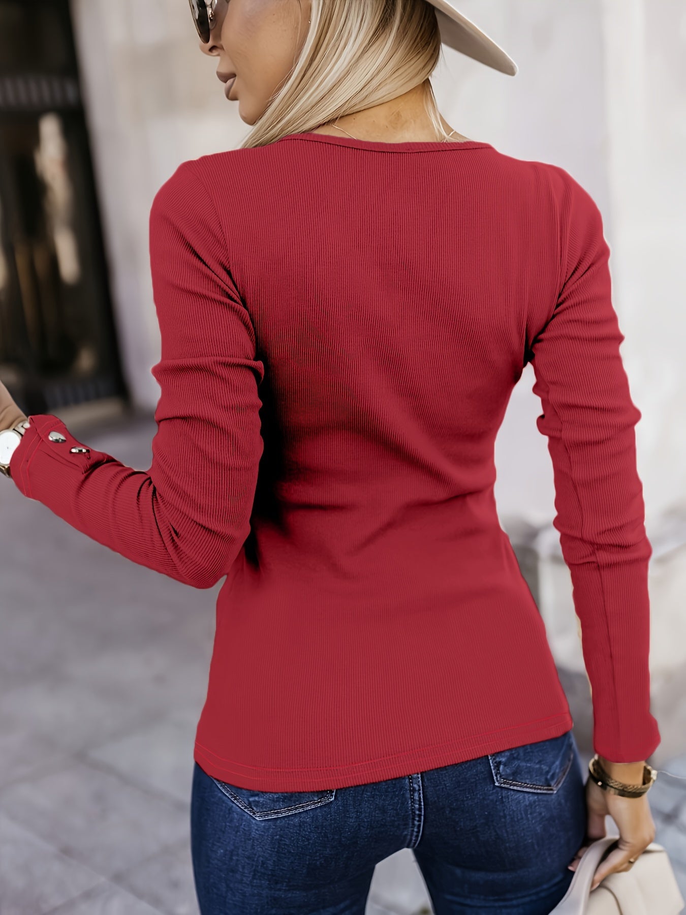 Charming Heart Button Accent Long Sleeve Tee - Cozy & Versatile, Perfect for Spring & Fall - Women's Fashion