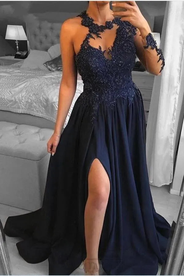 Elegant Navy Blue Lace Chiffon Evening Dresses With Front Split A Line Appliques Jewel Neck Sheer Long Sleeve Prom Gowns Bridesmaid Dresses BC12339