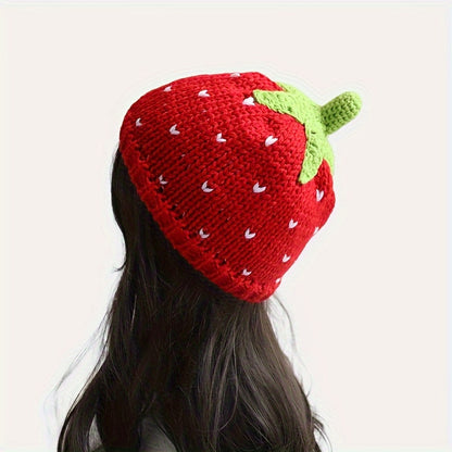 Adorable Red Strawberry Cartoon Beanie - Soft Knit Elastic Skull Cap for Warmth, Daily Wear, Autumn & Winter Use, Fashionable Women's Accessories