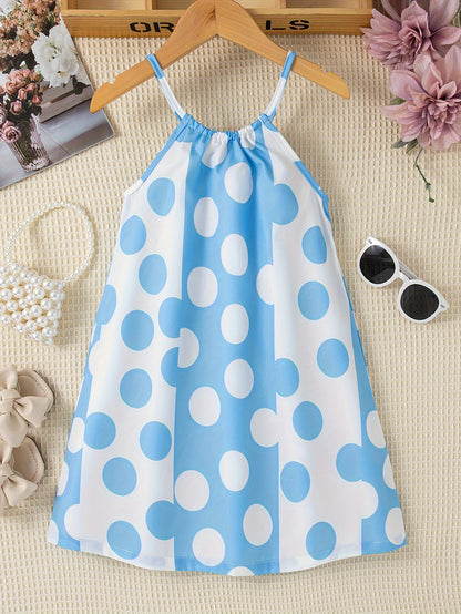 Girls Charming Polka Dot Summer Dress - Chic Thin Straps, Sleeveless, Vibrant Print, Regular Fit, Knee-Length - Ideal for Stylish Casual Outings