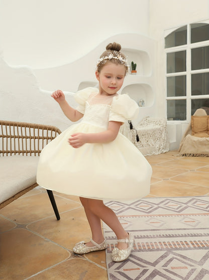 Adorable Little Girls Puff Sleeve Princess Wedding Dress - Elegant, Cute, and Comfortable Flower Girl Gown for Special Occasions - Perfect for Weddings, Parties, and Formal Events