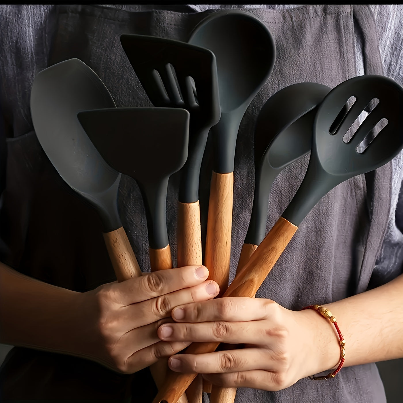 7-Piece Premium Non-Stick Silicone Cooking Utensils Set - Heat Resistant Cookware Essentials for Chefs - Wooden Handles, Whisk, Spoon, Spatula, and More for Easy Food Preparation and Baking