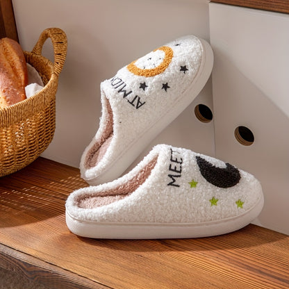 Letter & Moon Plush Home Slippers, Soft Sole Indoor Warm Lined Shoes, Non-slip Floor Cozy Shoes