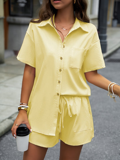 Two-Piece Solid Casual Outfit Set - Elegant Button Front Turn Down Collar Mid-Length Shirt & Drawstring Elastic Waist Shorts - Polyester Woven, Spring/Summer Wear, No Sheer, No Printing, Lace-Up Closure