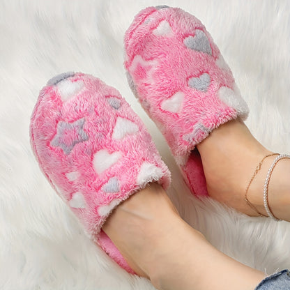 Cozy & Quiet Plush Women's Slippers - Warm, Non-Slip Indoor Shoes with Heart Pattern for Winter Comfort