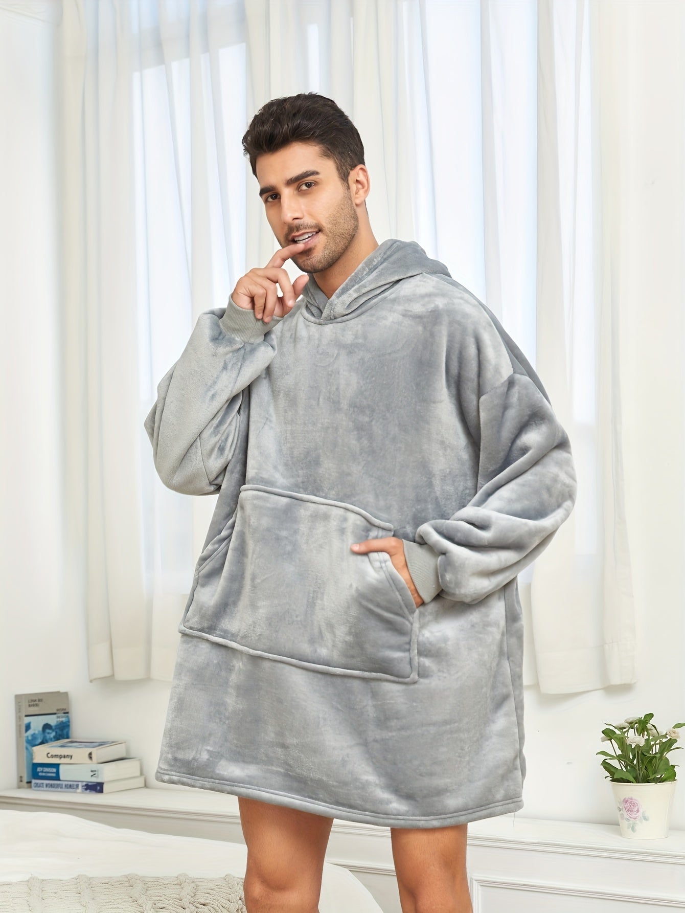 Men's Hooded Cartoon Pattern Blanket Hoodie, Trendy Plush Robe Loungewear Sleepwear, Christmas Gift For Men ( Suitable For Height 160-190cm)