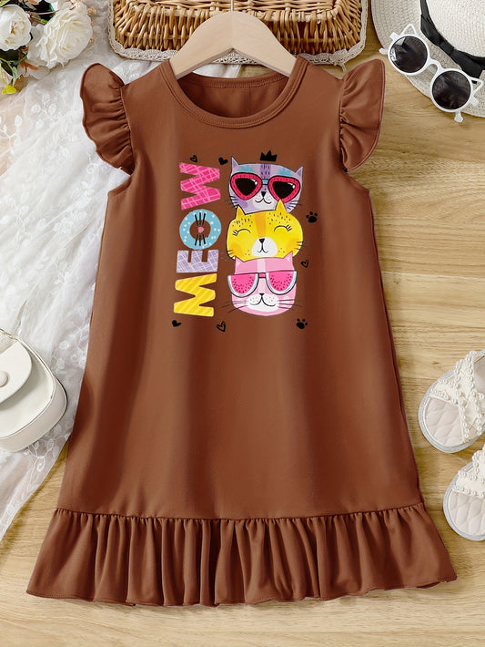 Casual Cartoon Cat Ruffle Trim Crew Neck Dress for Girls - Vibrant Graphic Print, Flying Sleeve, Trendy Summer Outfit - Fun and Playful Design for Little Fashionistas