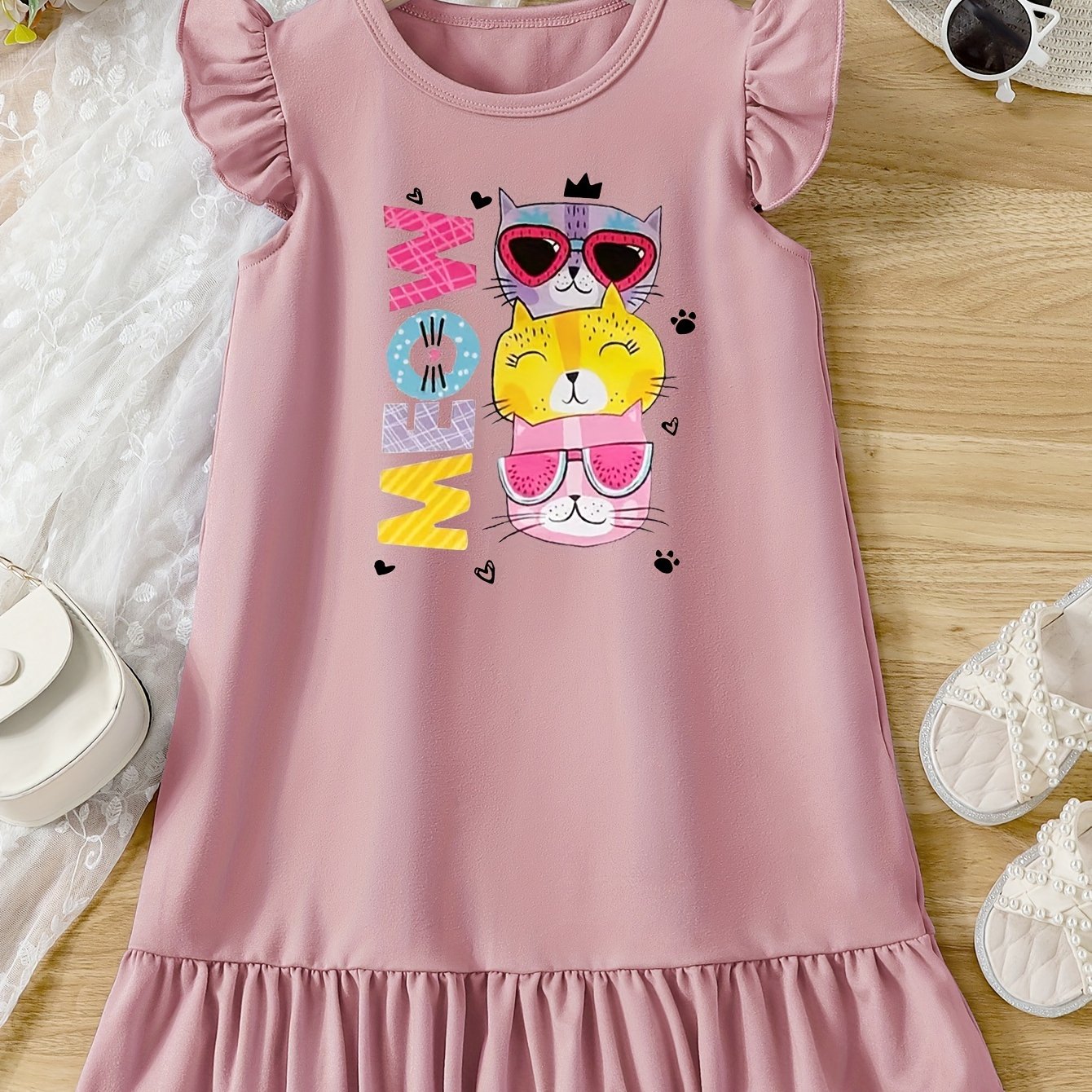 Casual Cartoon Cat Ruffle Trim Crew Neck Dress for Girls - Vibrant Graphic Print, Flying Sleeve, Trendy Summer Outfit - Fun and Playful Design for Little Fashionistas