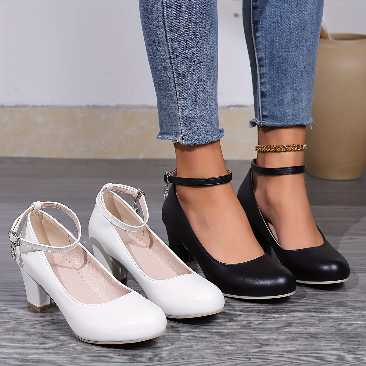 Chic Womens Chunky Heel Ankle Strap Shoes - Comfortable Mid Heels, Premium Faux Leather, Non-Slip Pumps for Everyday Style