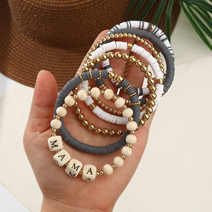 Elegant 7-Piece Women's Summer Beach Stackable Beaded Bracelet Set, Stretchable Polished Beads with 'MAMA' Block Letter Charms, Versatile Daily Wear, Ideal Mother's Day or Birthday Gift for Mom