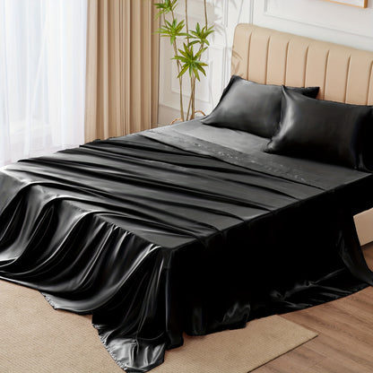 4-Piece Luxurious Satin Sheet Set - Soft, Silky Microfiber, Deep Pocket Fitted Sheet, Flat Sheet, and 2 Pillowcases for Ultimate Comfort and Smoothness - Breathable, Hypoallergenic, and Wrinkle-Resistant Bedding