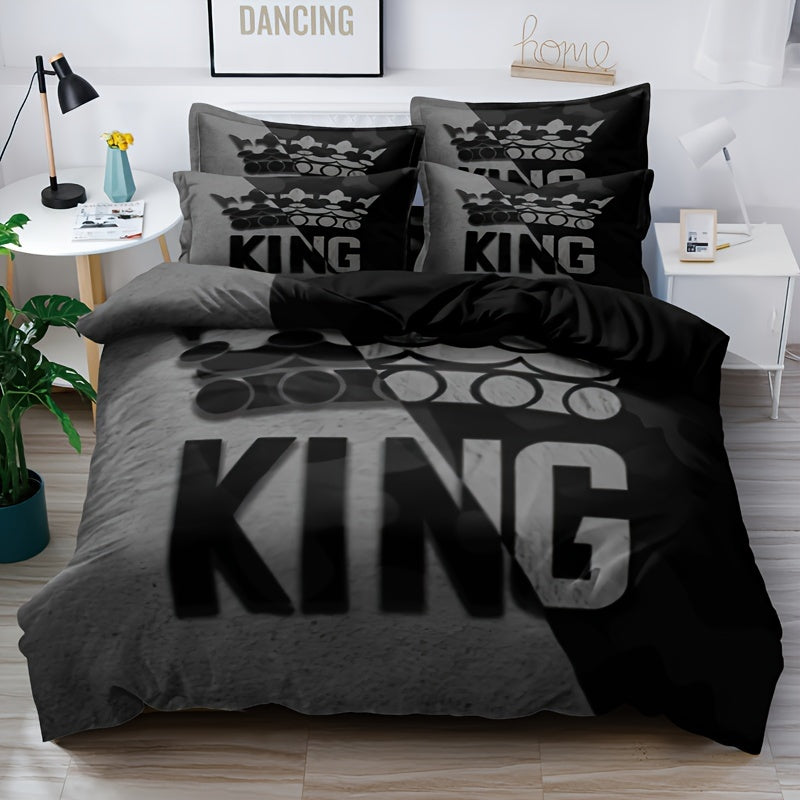 3-Piece Gray and Black King Pattern Soft Brushed Microfiber Duvet Cover Set - Luxurious, Hypoallergenic, and Breathable Bedding for Bedroom, Guest Room, and Dorm Decoration - Easy Care, Wrinkle-Resistant, and Fade-Proof