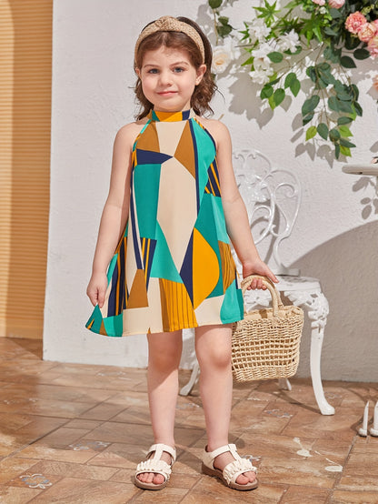 Knee-Length Geometric Pattern Boho Chic Dress for Young Girls - Sleeveless, Halter Neck, Non-Stretch Polyester, Machine Washable, Perfect for Summer - Conventional Fit, Vibrant Colors, Woven Fabric, Easy Care