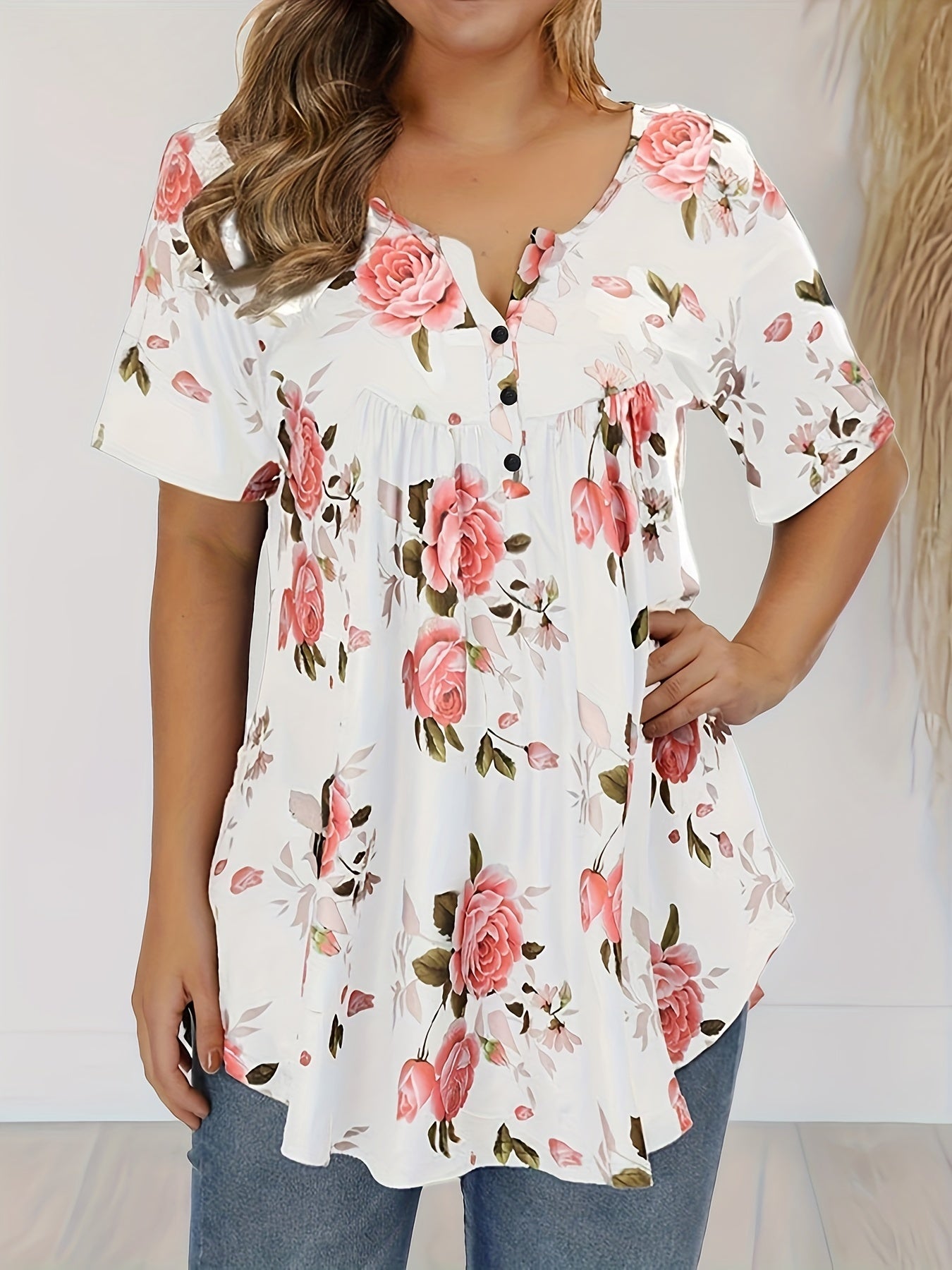 Plus Size Womens Floral Print Polo Collar Short Sleeve Casual Blouse - Button Front, Non-Stretch Polyester, Round Neck, Random Print, Summer Top - Easy Wear, Relaxed Fit, Classic Style