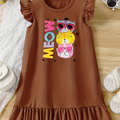 Casual Cartoon Cat Ruffle Trim Crew Neck Dress for Girls - Vibrant Graphic Print, Flying Sleeve, Trendy Summer Outfit - Fun and Playful Design for Little Fashionistas