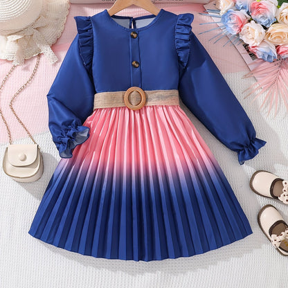 Gradient Color Girl's Ruffle Long-Sleeve Dress, Spring & Fall Vacation Party Casual A-line Dresses, Gift