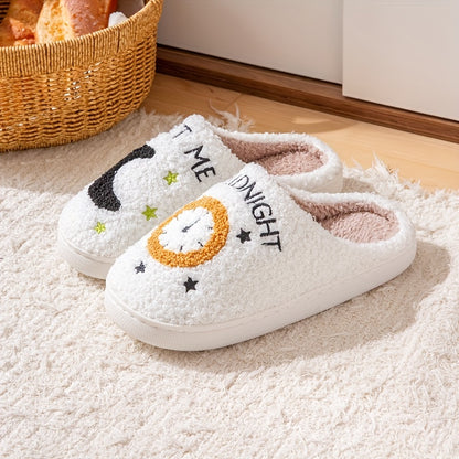 Letter & Moon Plush Home Slippers, Soft Sole Indoor Warm Lined Shoes, Non-slip Floor Cozy Shoes