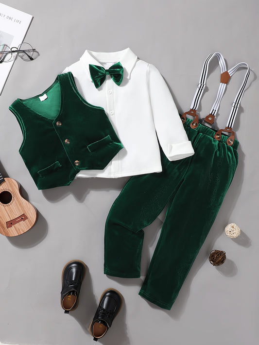 Boys' Velvet Christmas Outfit Set - Long Sleeve Shirt, Detachable Suspender Pants & Vest with Bow Tie | Perfect for Holiday Parties & Gifts