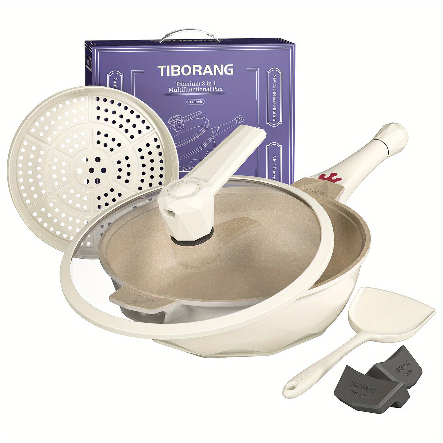 11-Inch Tiborang MasterChef Pan - Premium 7-in-1 Multipurpose Frying Pan with 5 Quart Capacity, Heat Indicator, Non-Stick Coating, Glass Lid, Steamed Grid, and Oven & Dishwasher Safety - Perfect for All Stovetops and Cooking Methods