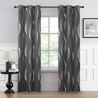 2PCS Luxurious Blackout Curtains with Grommet Top - Thermal Insulated, Noise Reducing, High Precision Bronzing Striped Wave Pattern for All-Season Room Darkening - Polyester Drapes for Bedroom and Living Room with Easy Installation