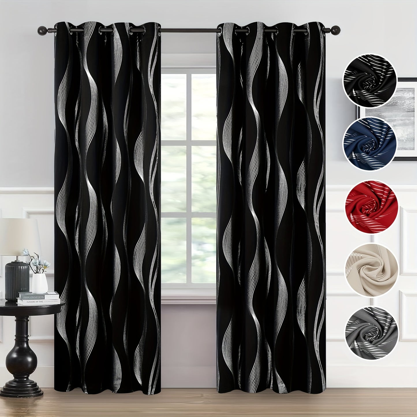 2PCS Luxurious Blackout Curtains with Grommet Top - Thermal Insulated, Noise Reducing, High Precision Bronzing Striped Wave Pattern for All-Season Room Darkening - Polyester Drapes for Bedroom and Living Room with Easy Installation