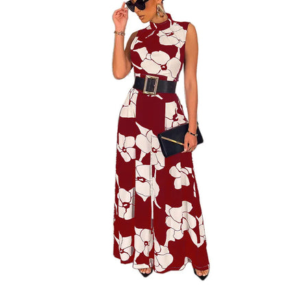 Stylish Women's Print Jumpsuit with Belt for a Comfortable and Elegant Commuting Style AST189987