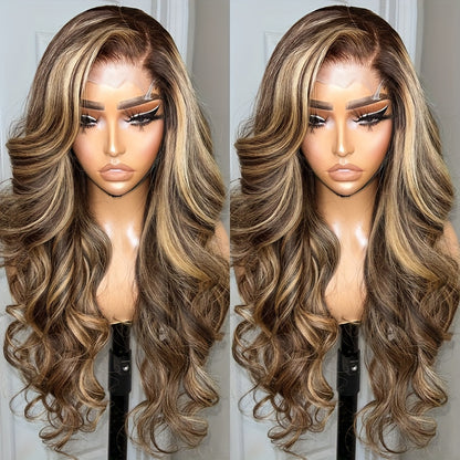 Blonde Highlight body Wave HD 4x4 Lace Closure Human Hair Wig Lace Front Human Hair Wig  Women High Gloss Glueless 4/27 Wig For Women