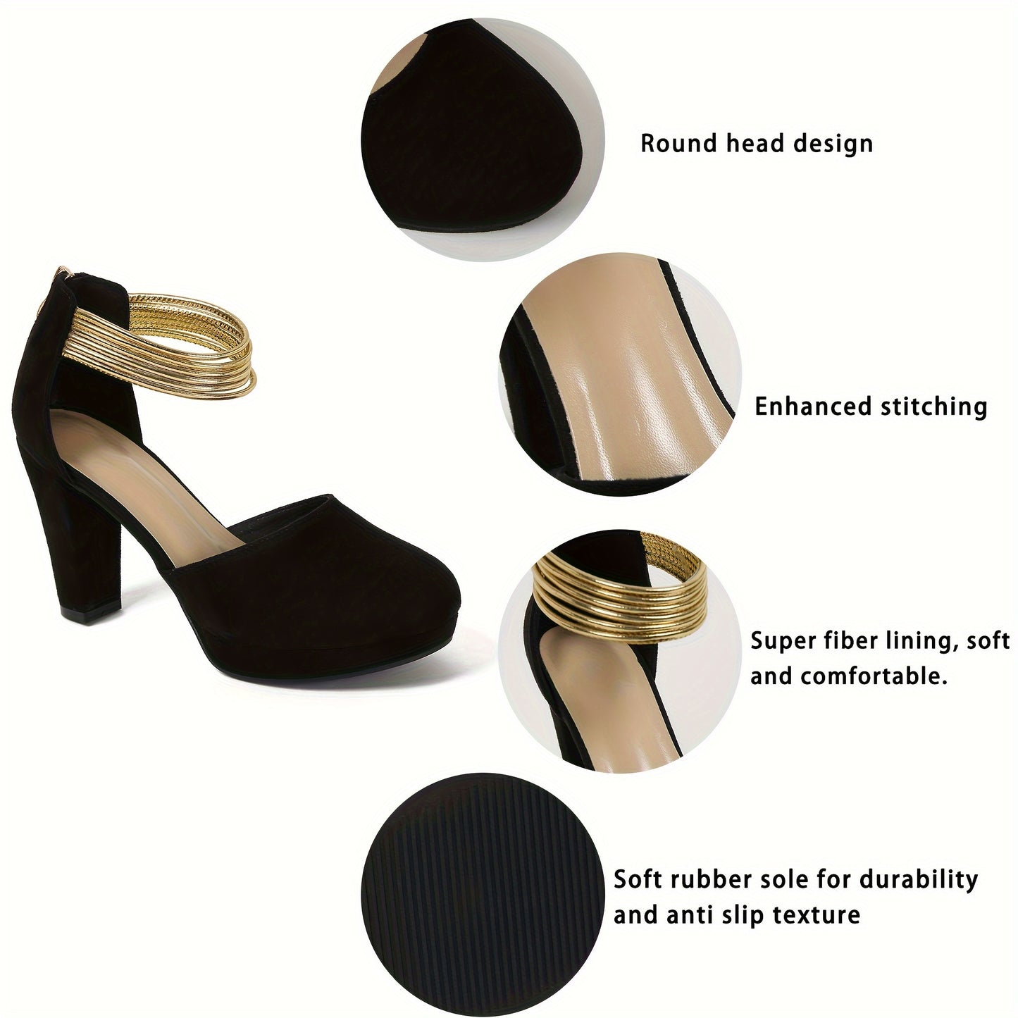 Elegant Women's Chunky Heel Pumps: Water-Resistant, All-Season Slip-On Shoes with Secure Ankle Strap