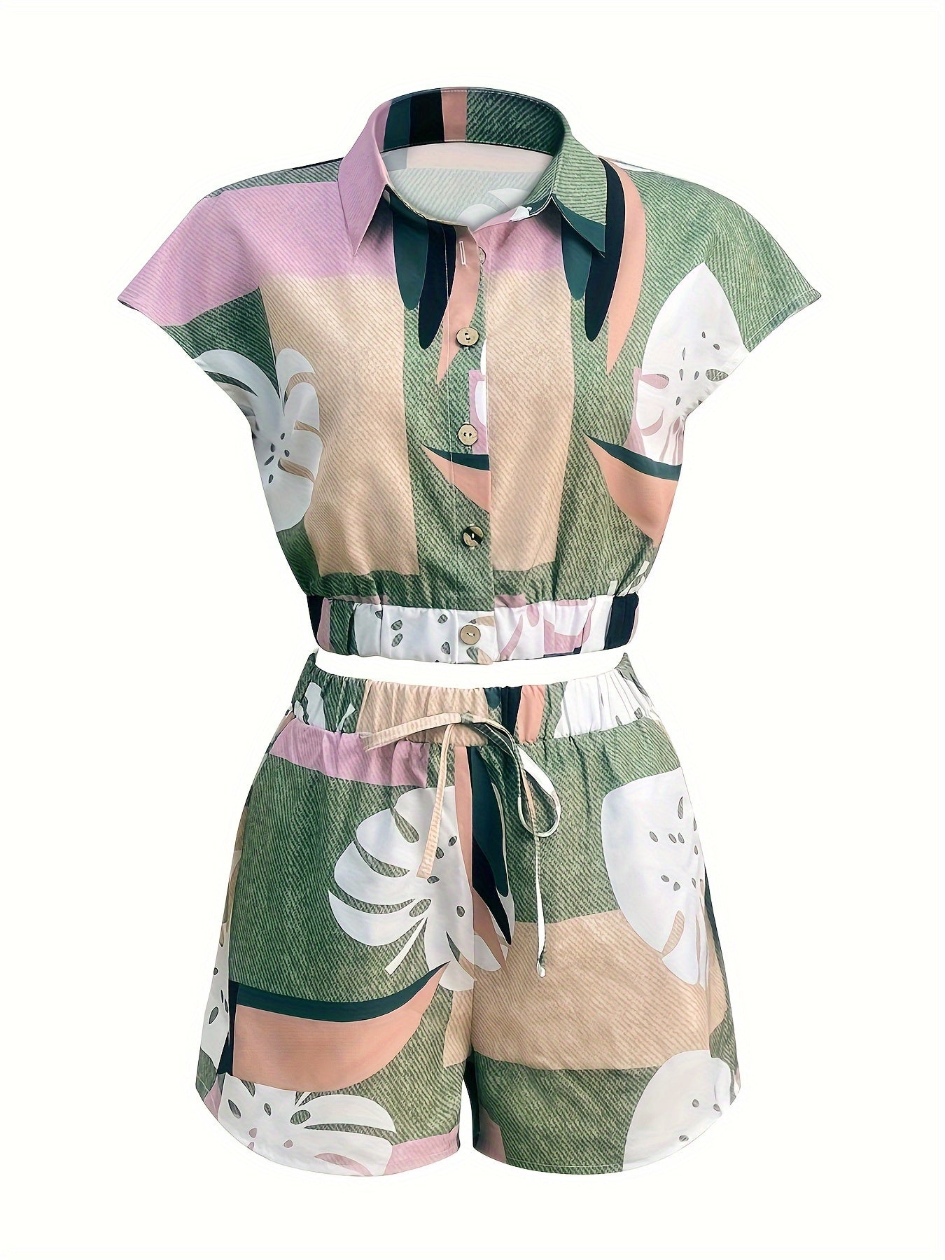 Womens Elegant Colorblock Print Short Set - Lapel Collar, Button-Up Crop Blouse, Elastic Waist Knotted Front Shorts, Polyester Material, Random All Over Print, Woven, Spring/Summer Outfit