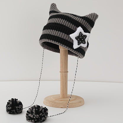 Adorable Whimsical Crochet Cat Beanie Hat with Ears - Soft, Warm, Trendy Pom Pom Decor, Elastic Knit, One-Size-Fits-Most, Y2K Inspired, Pom Pom Accents, Cozy Skull Cap for Women - Perfect for Cold Weather, Casual Outings, and Fashion Statements