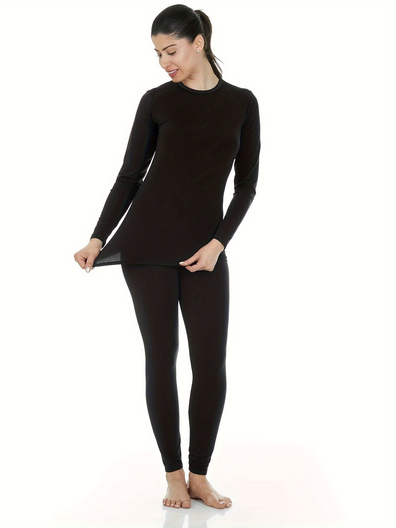 2Pcs Womens Thermal Underwear Set - Solid Color, Round Neck Long Sleeve Top & Stretch Leggings - Premium Base Layer Activewear for Cold Weather Comfort and Freedom of Movement