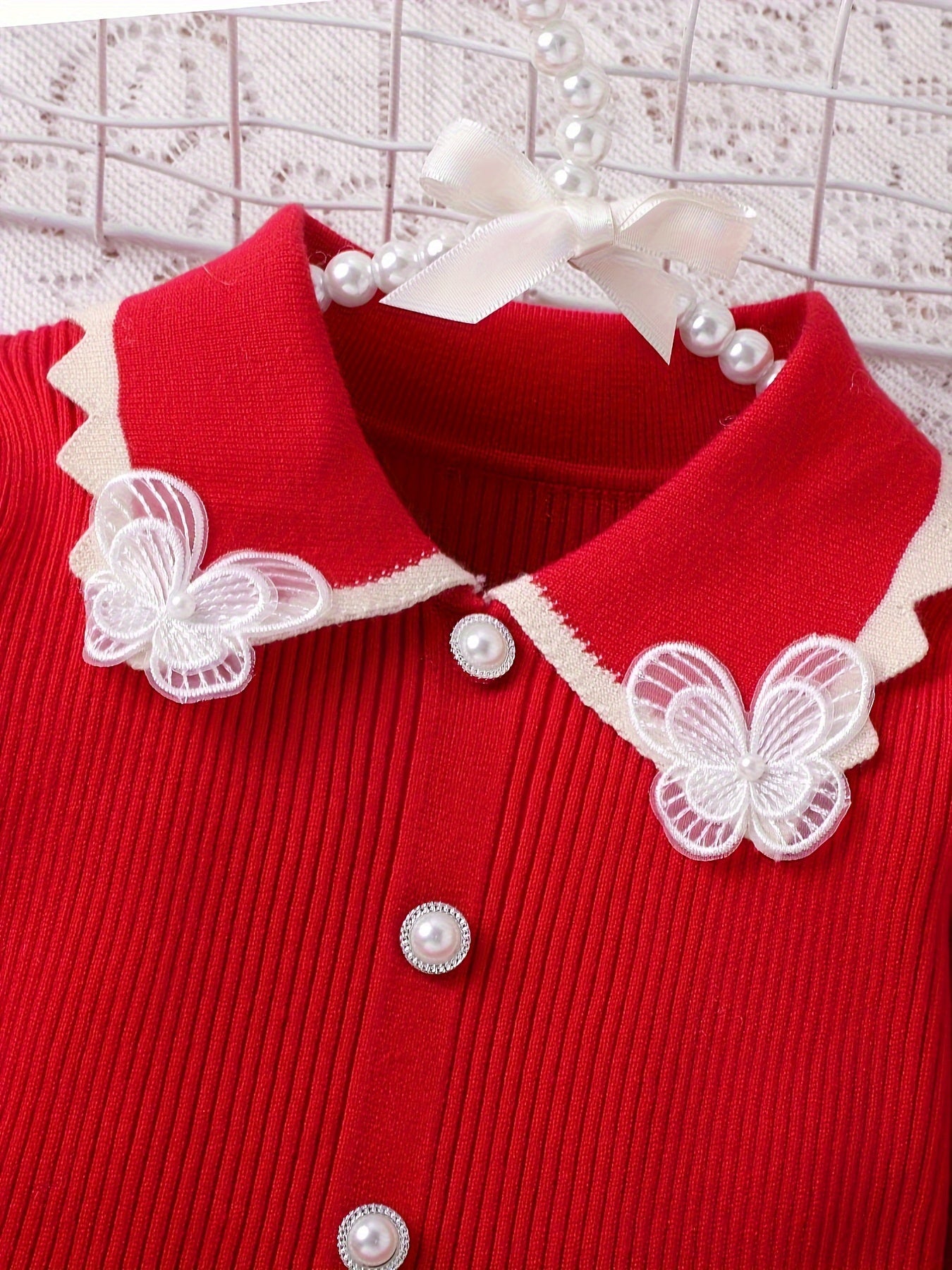 Stretchy & Comfy Long Sleeve Collar Butterfly Decor Preppy Style Dress for Girls Kids