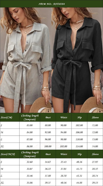 Cotton Linen Jumpsuit Women Stylish Black Long-Sleeve Casual Romper Dress with Medium Stretch AST38284