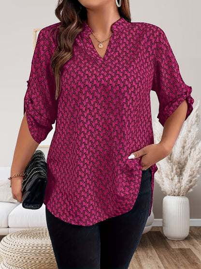 Plus Size Casual Blouse, Women's Plus Allover Print Roll Up Sleeve Notched Neck Tunic Top