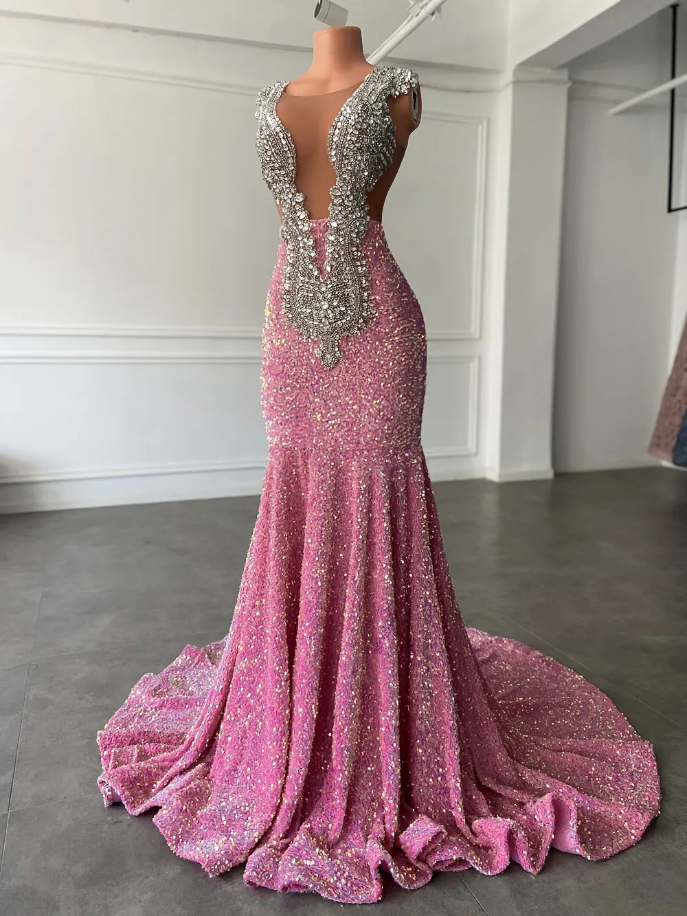 Luxury Long Prom Dresses Sexy Mermaid Sparkly Pink Sequin Black Girls Crystals Evening Formal Gala Party Gowns Robe De Soiree Vestido BC15439