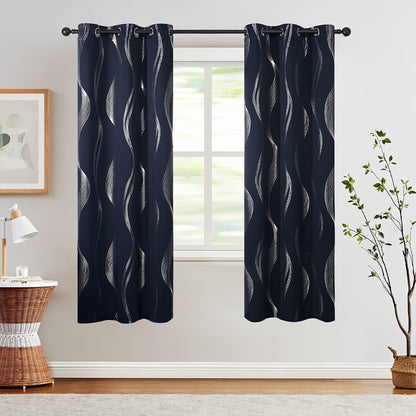 2PCS Luxurious Blackout Curtains with Grommet Top - Thermal Insulated, Noise Reducing, High Precision Bronzing Striped Wave Pattern for All-Season Room Darkening - Polyester Drapes for Bedroom and Living Room with Easy Installation