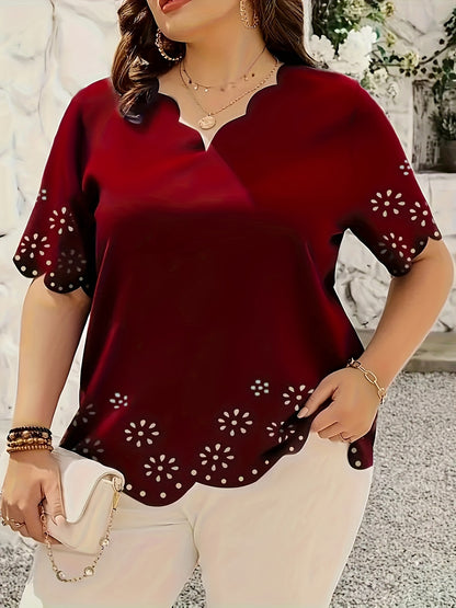 Plus Size V Neck Scallop Trim Cut Out Blouse - Soft Slight Stretch Polyester Fabric, Hollow Out Design, Casual Short Sleeve Shirt for Spring - Middle East Style, All-Season Wear, No Printing, Woven