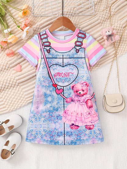 Adorable Bear Princess Print Girls Striped Short Sleeve T-Shirt Dress - Perfect for Summer Holidays & Casual Wear - A Fairy Tale Inspired Fashion for Little Girls