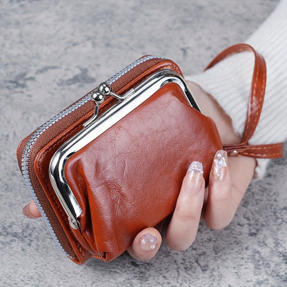 Mini Retro Clutch Coin Purse, Solid Color Kiss-Lock An D Zipper Layer Wallet, Faux Leather Purse