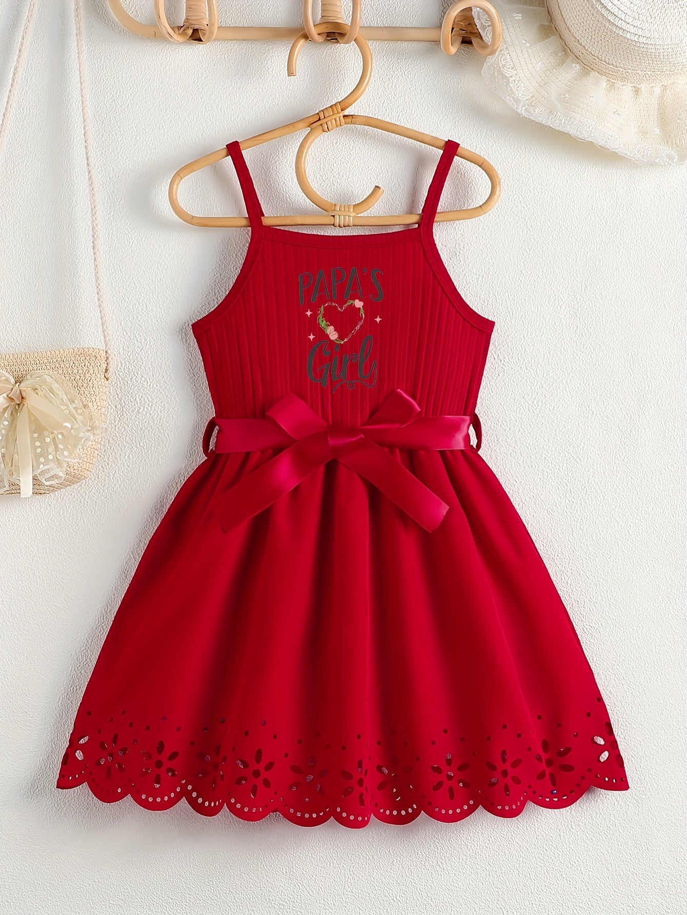 PAPA'S GIRL Print, Girl's Fashion Casual Summer Sleeveless Dress With Bow Belt And Hollow Out Design For Outdoor Wear