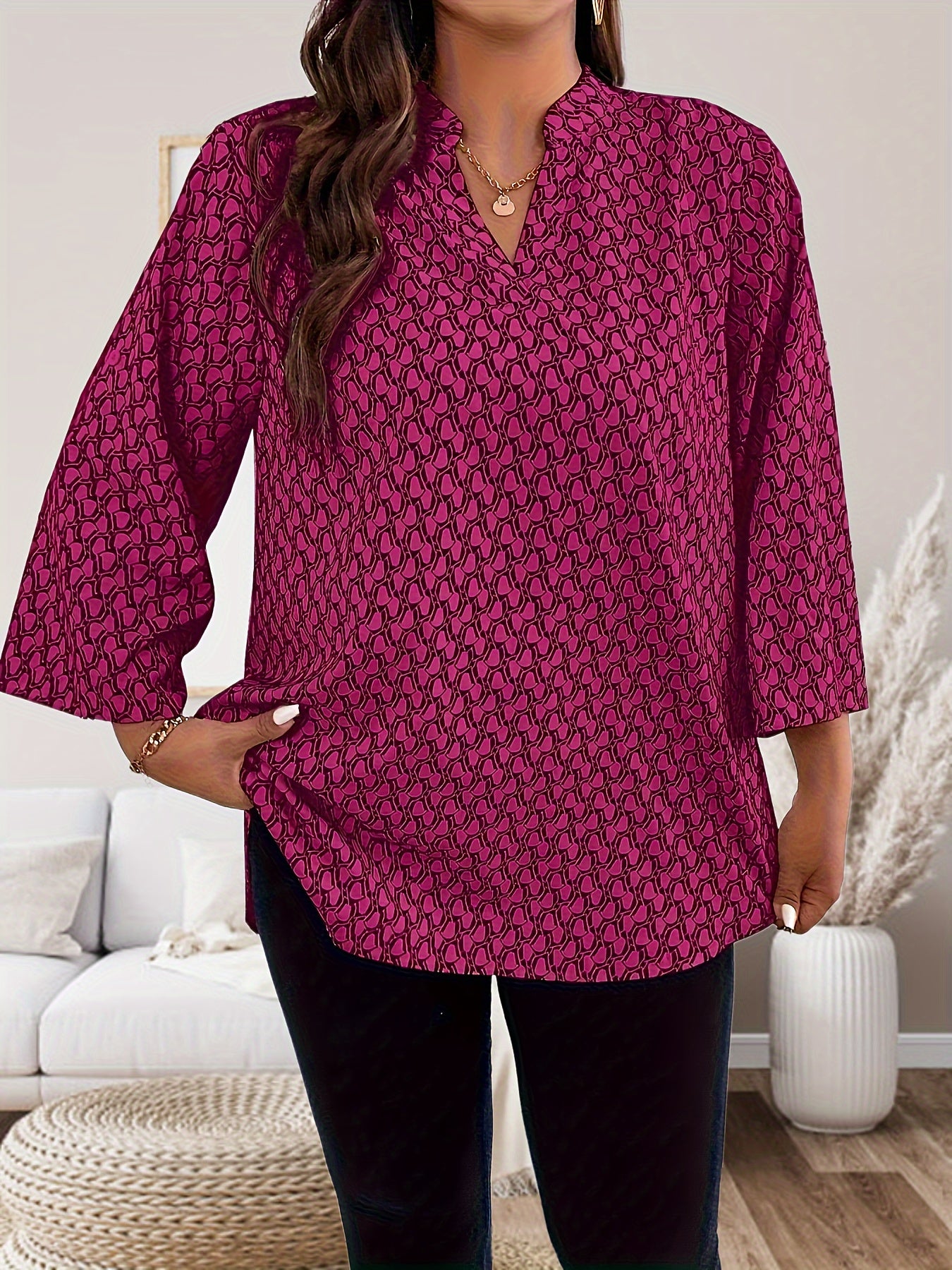 Plus Size Casual Blouse, Women's Plus Allover Print Roll Up Sleeve Notched Neck Tunic Top