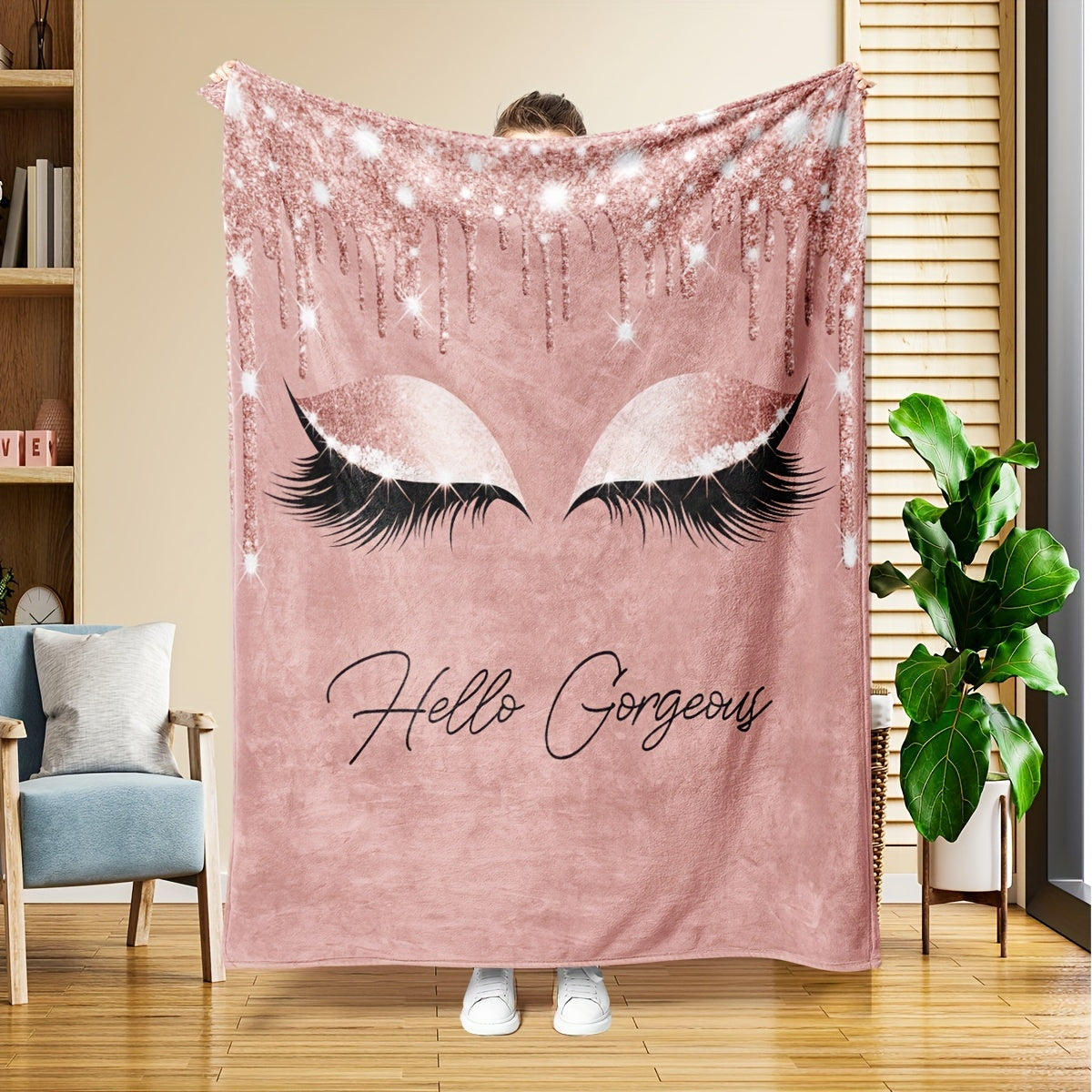 1pcs Cozy Sweet Makeup Art Eyelash Pattern Flannel Blanket - Soft, Plush, and Warm Throw Blanket for Sofa, Bed, and Nap - Perfect for Winter, Spring, and Autumn Seasons