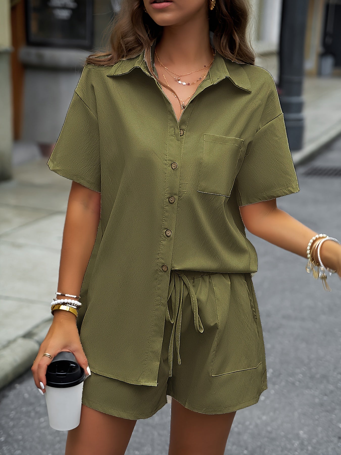 Two-Piece Solid Casual Outfit Set - Elegant Button Front Turn Down Collar Mid-Length Shirt & Drawstring Elastic Waist Shorts - Polyester Woven, Spring/Summer Wear, No Sheer, No Printing, Lace-Up Closure