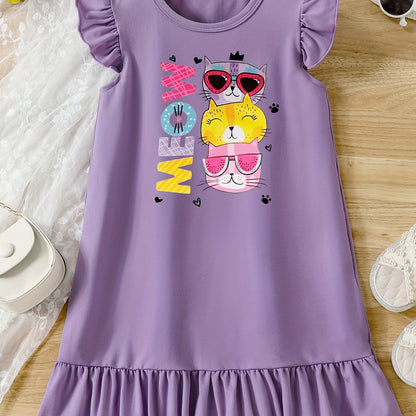 Casual Cartoon Cat Ruffle Trim Crew Neck Dress for Girls - Vibrant Graphic Print, Flying Sleeve, Trendy Summer Outfit - Fun and Playful Design for Little Fashionistas