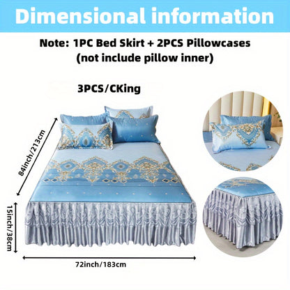 2PCS/3PCS New Full Lace Hem Bed Skirt, Jacquard Ice Silk Mat, Softness and Comfort, Folding, Machine Wash, Mattress Cover, Bedding Set, Bedroom Guest Room Bedding, Single, Double, Multiple Sizes(1PC Bed Skirt + 1PC/2PCS Pillowcases, Without Core)